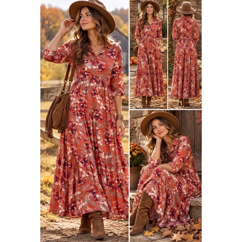 Natural Life Floral Maxi Dress M 100% Rayon Boho Cottagecore Fall Folk Prairie
